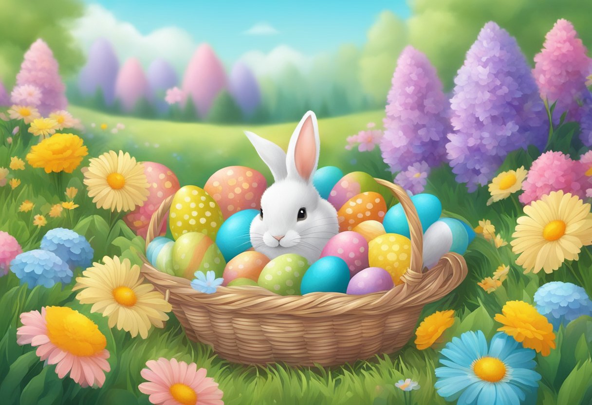 A colorful basket filled with pastel-colored eggs, fluffy bunnies, & blooming flowers, surrounded by vibrant springtime scenery