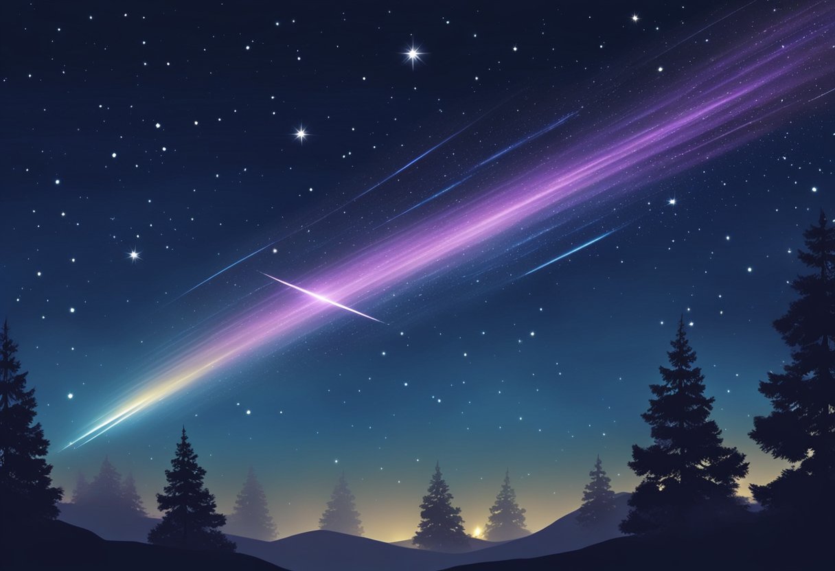 A bright shooting star streaks across the night sky, leaving a trail of sparkling light. Other stars twinkle in the dark expanse, creating a celestial spectacle