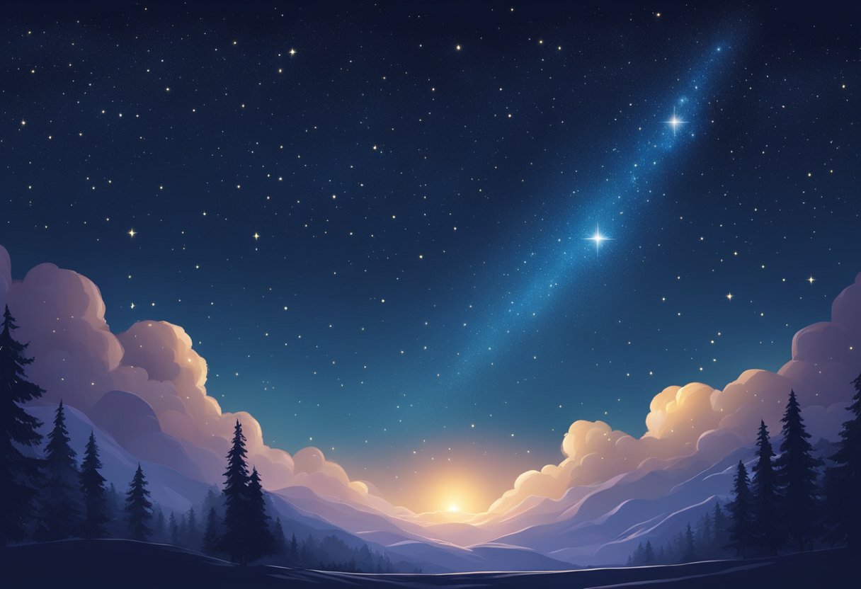 A bright star shines in the night sky, surrounded by smaller stars. The scene is filled with a sense of wonder and awe