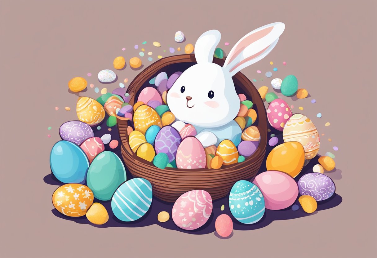 Colorful eggs with playful designs scattered around a festive Easter basket. A bunny-shaped chocolate figure sits on top, surrounded by pastel-colored c&ies